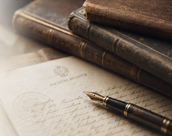 Leather-bound registers resting on handwritten record pages beside a fountain pen.